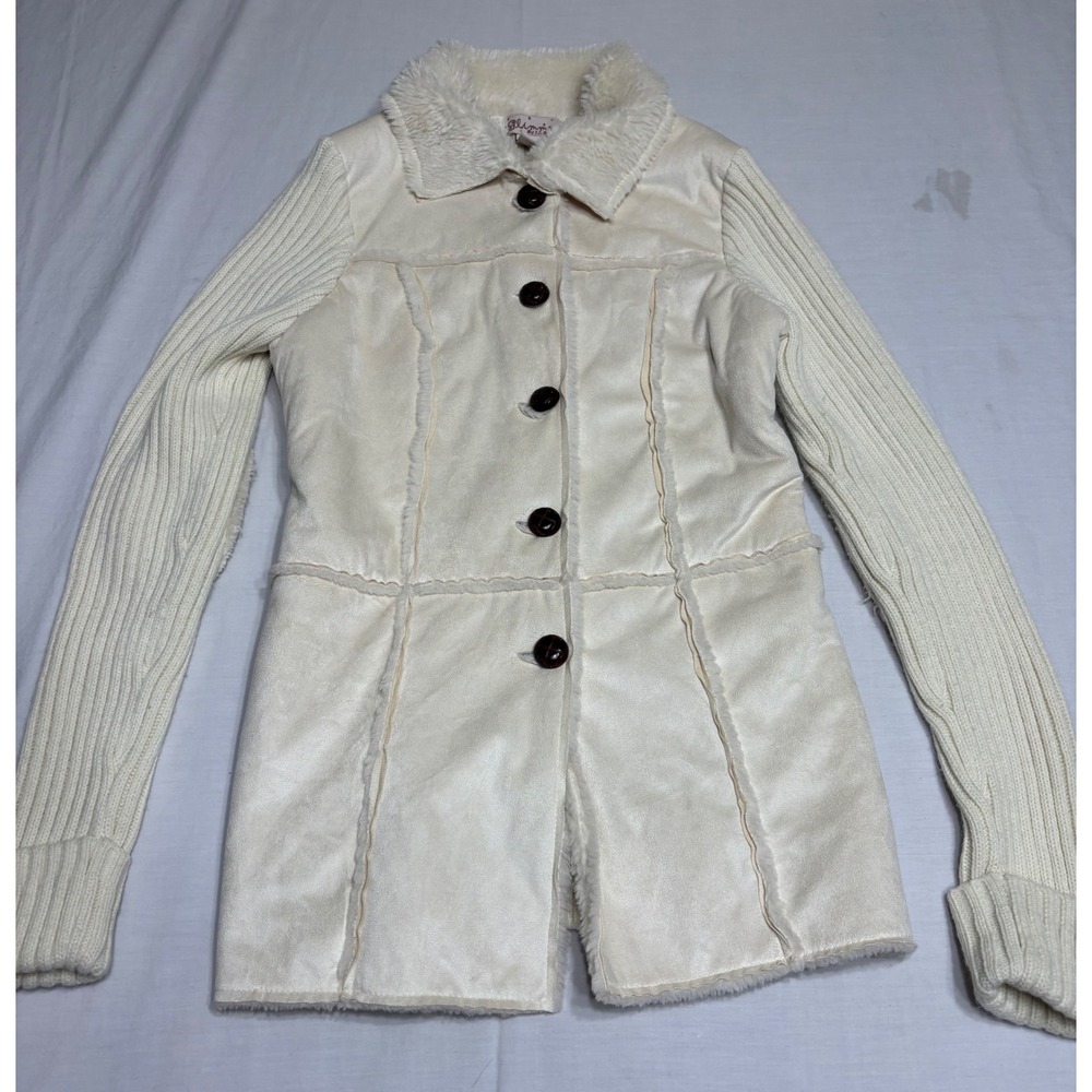Glimmer by JJ Basics Cream Faux Suede knit Jacket Faux Fur Trim Small
